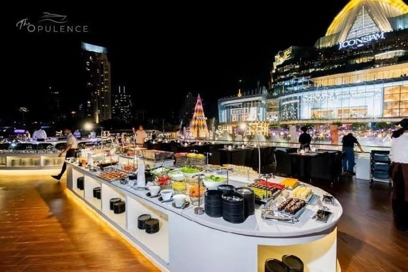 Bangkok: Opulence Luxury River Dinner Cruise - Boarding and the boat layout, from air-conditioned comfort to rooftop views