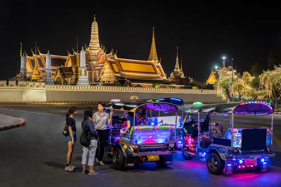 Bangkok Street Food and Night Lights by Tuk Tuk - Grand Palace lights, Tha Tien and Rajinee, then Wat Arun across the river
